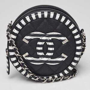 Chanel Black/White Quilted Caviar Leather Filigree Vanity Round Clutch